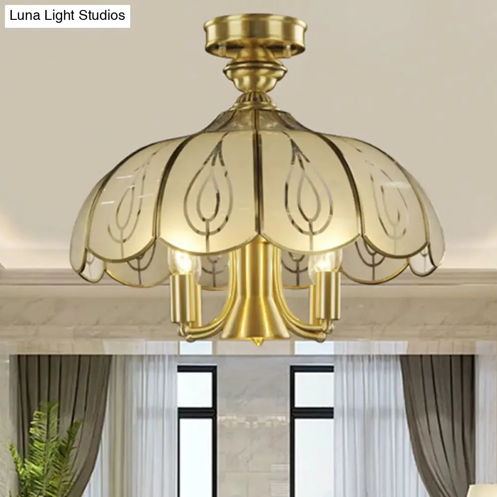 Brass Semi Flush Ceiling Mounted Fixture with Scalloped Frosted Glass & Leaf Pattern - 4 Heads, Rural Style