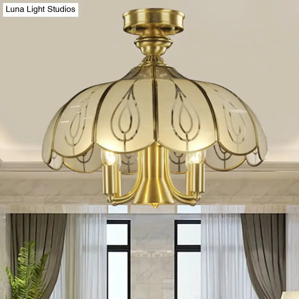 Brass Semi Flush Ceiling Mounted Fixture with Scalloped Frosted Glass & Leaf Pattern - 4 Heads, Rural Style