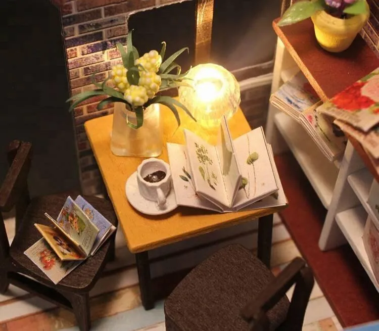 Coffee Shop Dollhouse Kit Coffee Studio Doll House Miniature Toy Kit For Kids DIY Doll House Toy Kit Adult Craft With LED Lights