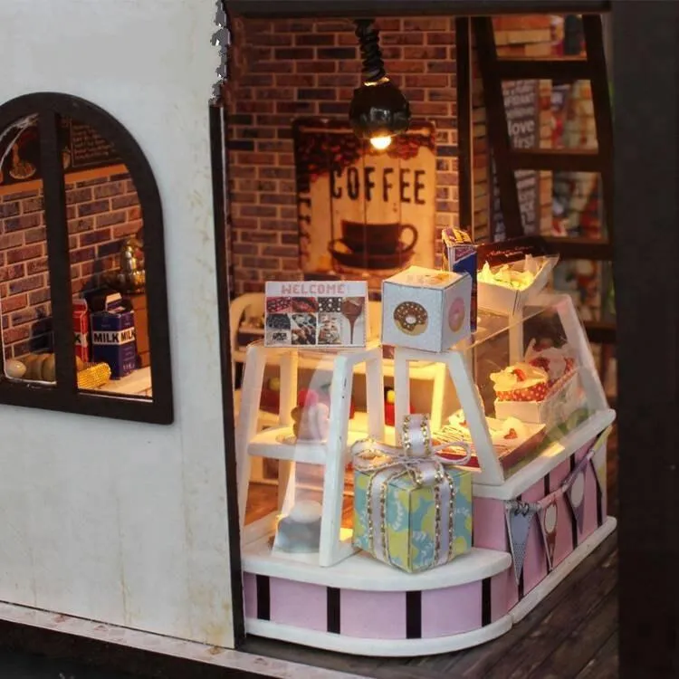 Coffee Shop Dollhouse Kit Coffee Studio Doll House Miniature Toy Kit For Kids DIY Doll House Toy Kit Adult Craft With LED Lights