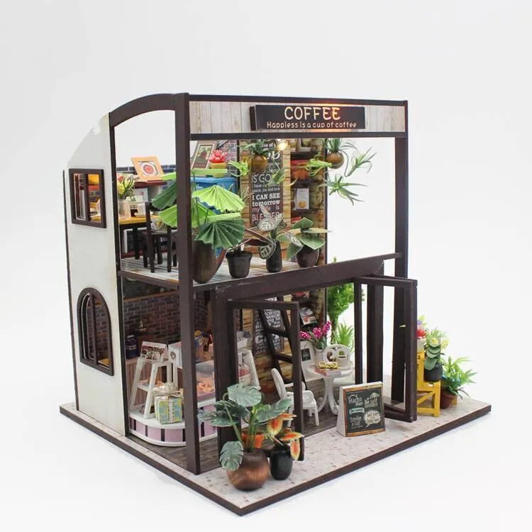 Coffee Shop Dollhouse Kit Coffee Studio Doll House Miniature Toy Kit For Kids DIY Doll House Toy Kit Adult Craft With LED Lights