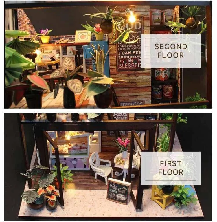 Coffee Shop Dollhouse Kit Coffee Studio Doll House Miniature Toy Kit For Kids DIY Doll House Toy Kit Adult Craft With LED Lights
