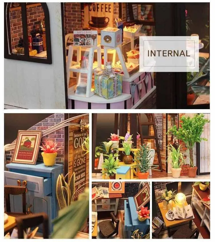 Coffee Shop Dollhouse Kit Coffee Studio Doll House Miniature Toy Kit For Kids DIY Doll House Toy Kit Adult Craft With LED Lights