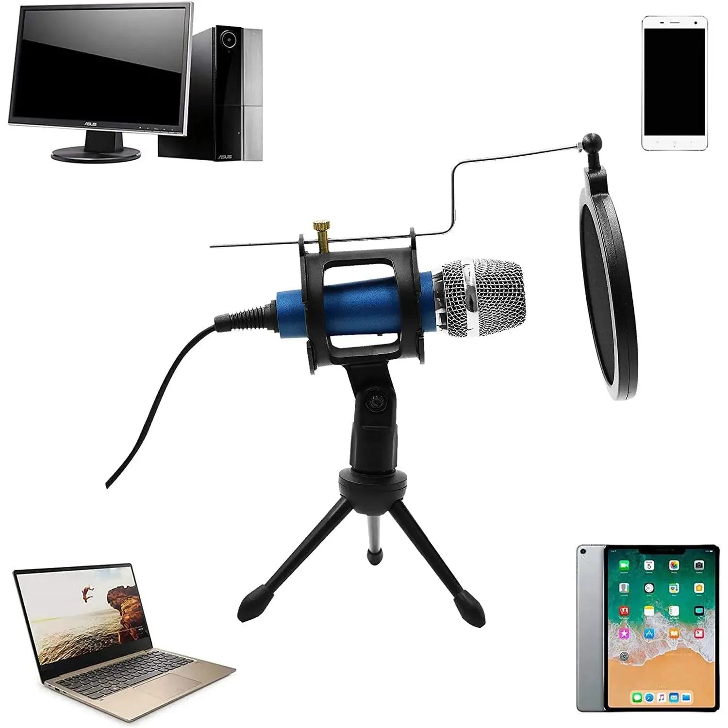 Condenser Recording Microphone 3.5mm Plug and Play for Mac PC Android Gaming (Blue)