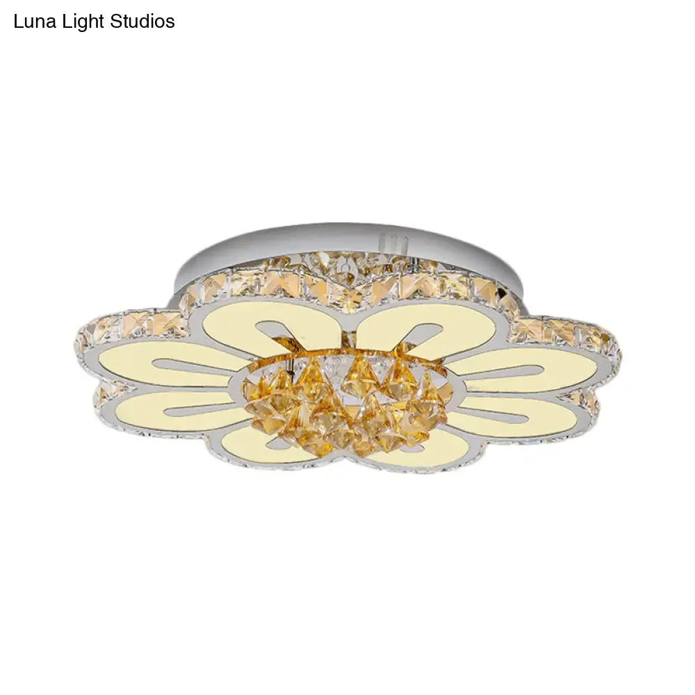 Contemporary LED Flushmount Lighting Fixture - Amber Crystal Blocks with White Finish & Peach Blossom Design