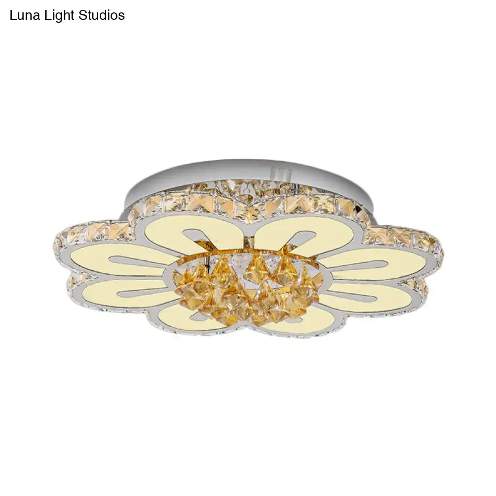 Contemporary LED Flushmount Lighting Fixture - Amber Crystal Blocks with White Finish & Peach Blossom Design