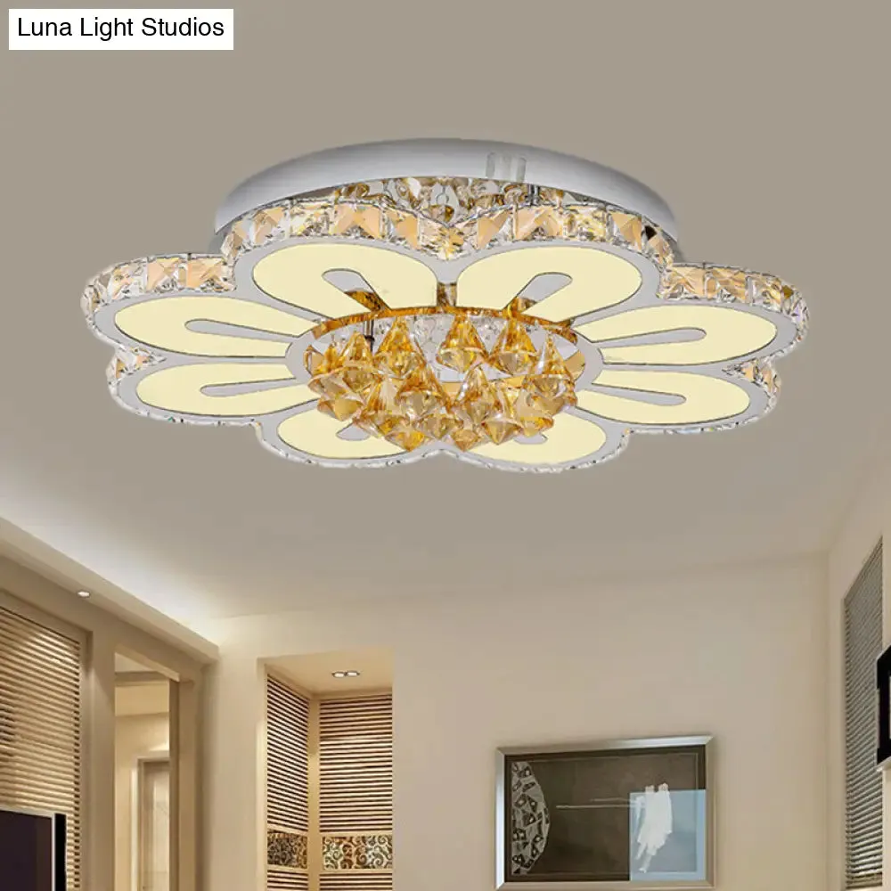 Contemporary LED Flushmount Lighting Fixture - Amber Crystal Blocks with White Finish & Peach Blossom Design