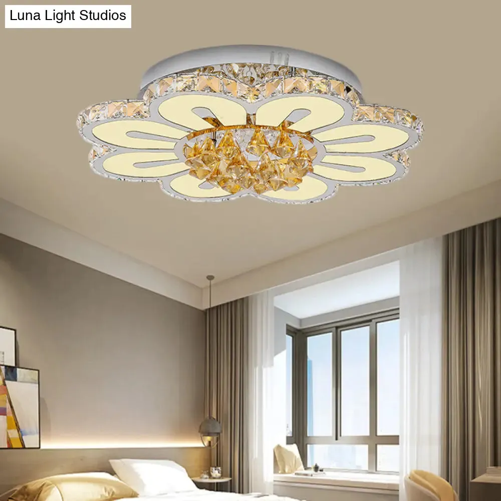 Contemporary LED Flushmount Lighting Fixture - Amber Crystal Blocks with White Finish & Peach Blossom Design