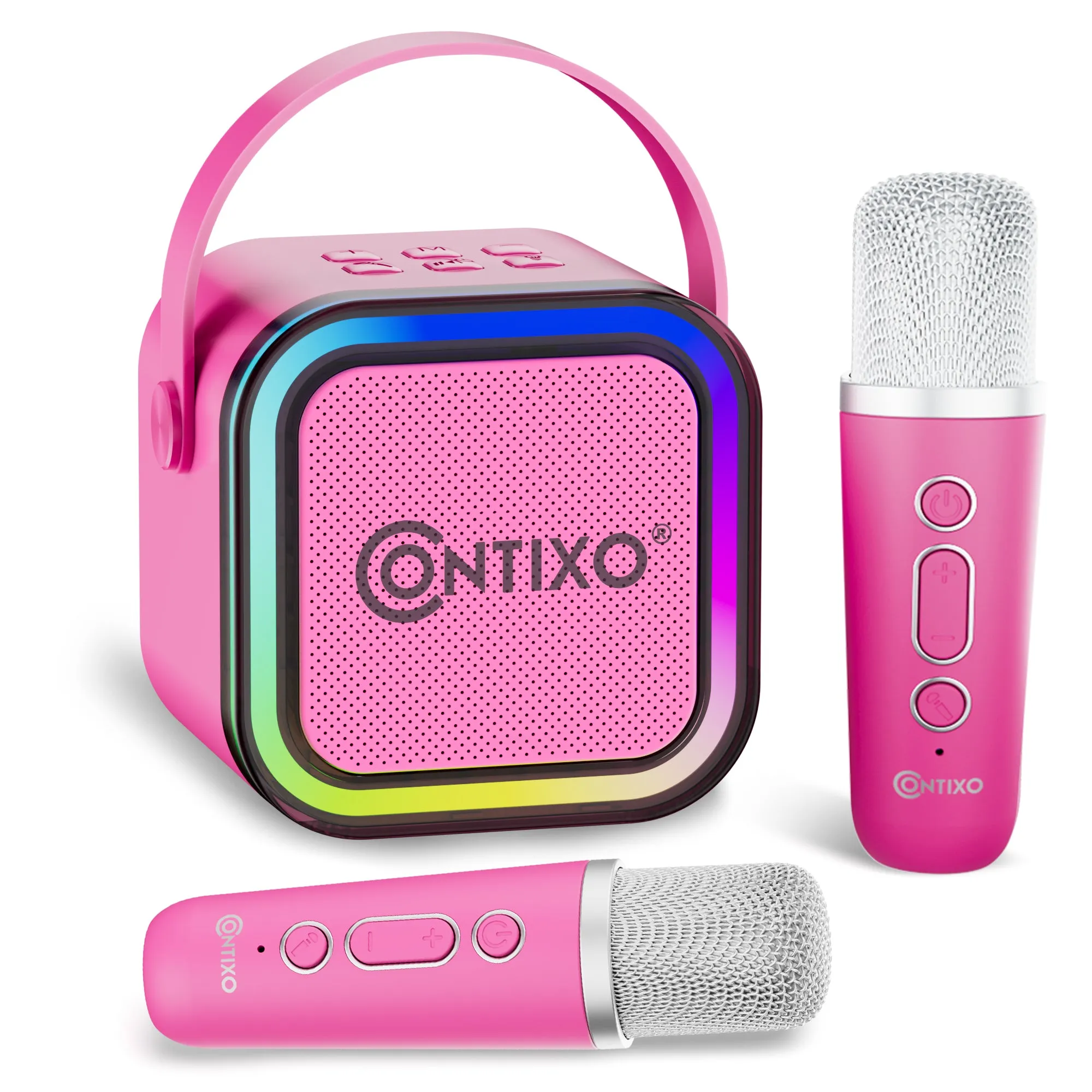 Contixo Mini Karaoke Machine, Party-Ready Portable Bluetooth Speaker   2 Wireless Mics - Pink