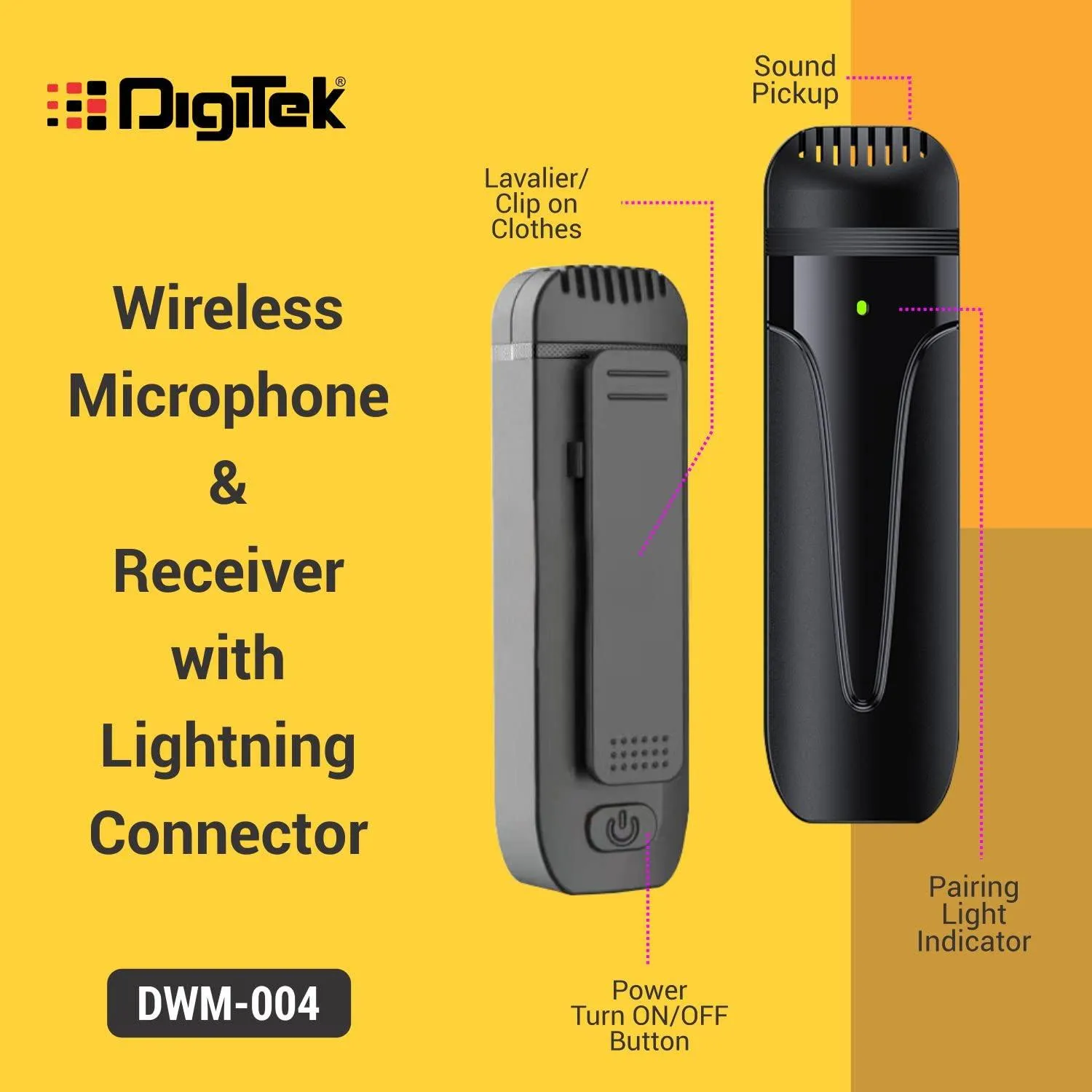 DIGITEK® (DWM 004) Wireless Microphone with Receiver Set, 2 Mics   1 Receiver, Lightning Connector, 4 Hours Working Time, 10m Wireless Range, for Audio Recording, Live Streaming, Video Recording