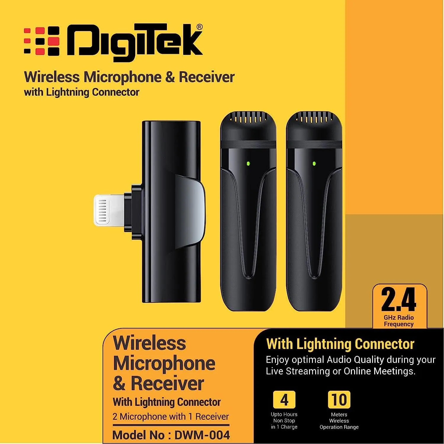 DIGITEK® (DWM 004) Wireless Microphone with Receiver Set, 2 Mics   1 Receiver, Lightning Connector, 4 Hours Working Time, 10m Wireless Range, for Audio Recording, Live Streaming, Video Recording