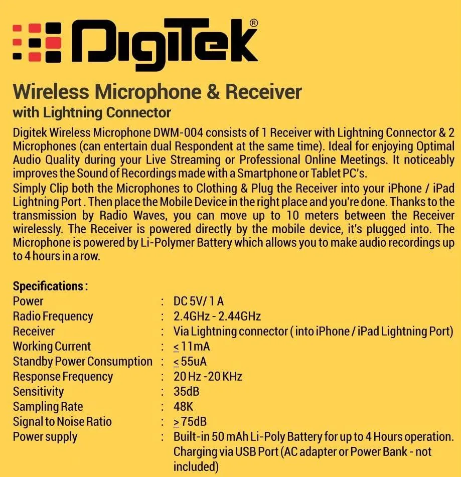 DIGITEK® (DWM 004) Wireless Microphone with Receiver Set, 2 Mics   1 Receiver, Lightning Connector, 4 Hours Working Time, 10m Wireless Range, for Audio Recording, Live Streaming, Video Recording