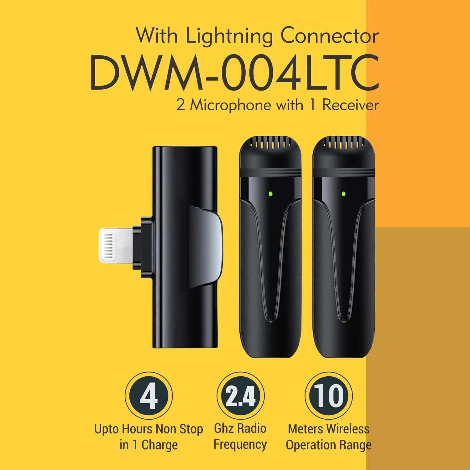 DIGITEK® (DWM 004) Wireless Microphone with Receiver Set, 2 Mics   1 Receiver, Lightning Connector, 4 Hours Working Time, 10m Wireless Range, for Audio Recording, Live Streaming, Video Recording