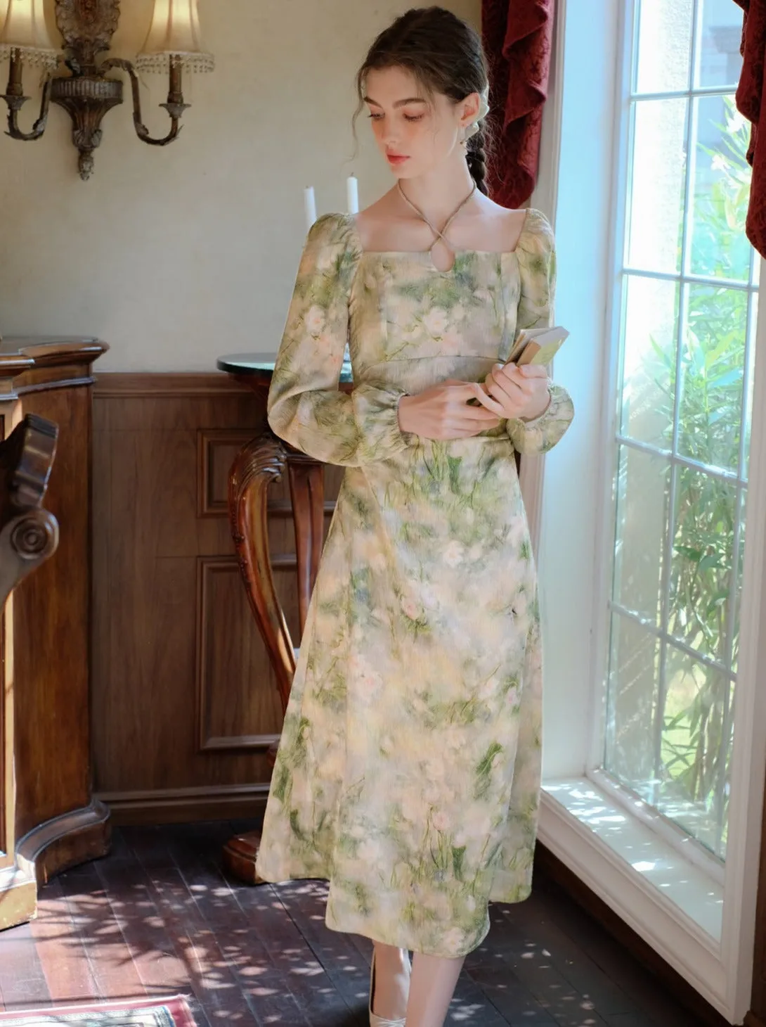Elegant Neck Green Square Retro Dress