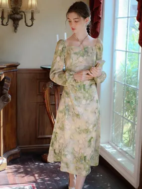 Elegant Neck Green Square Retro Dress