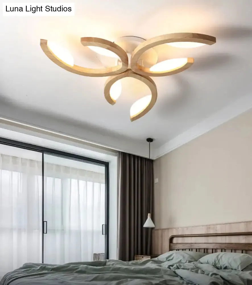 Floral LED Ceiling Lamp - Modern Wood Semi Flush Mount Light for Living Room