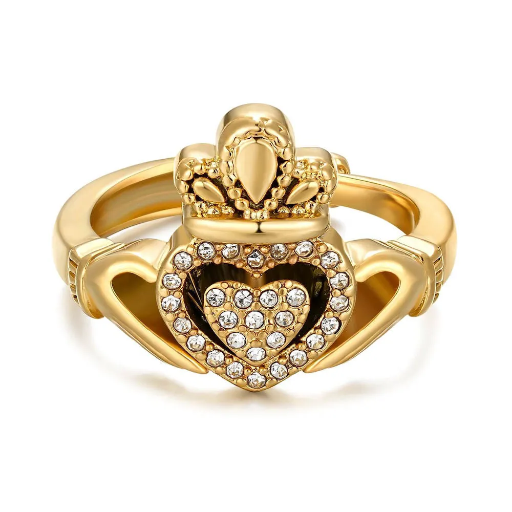 Gold Filled Claddagh Ring With Stones Size P Adjustable