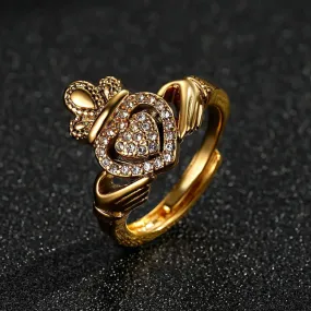 Gold Filled Claddagh Ring With Stones Size P Adjustable