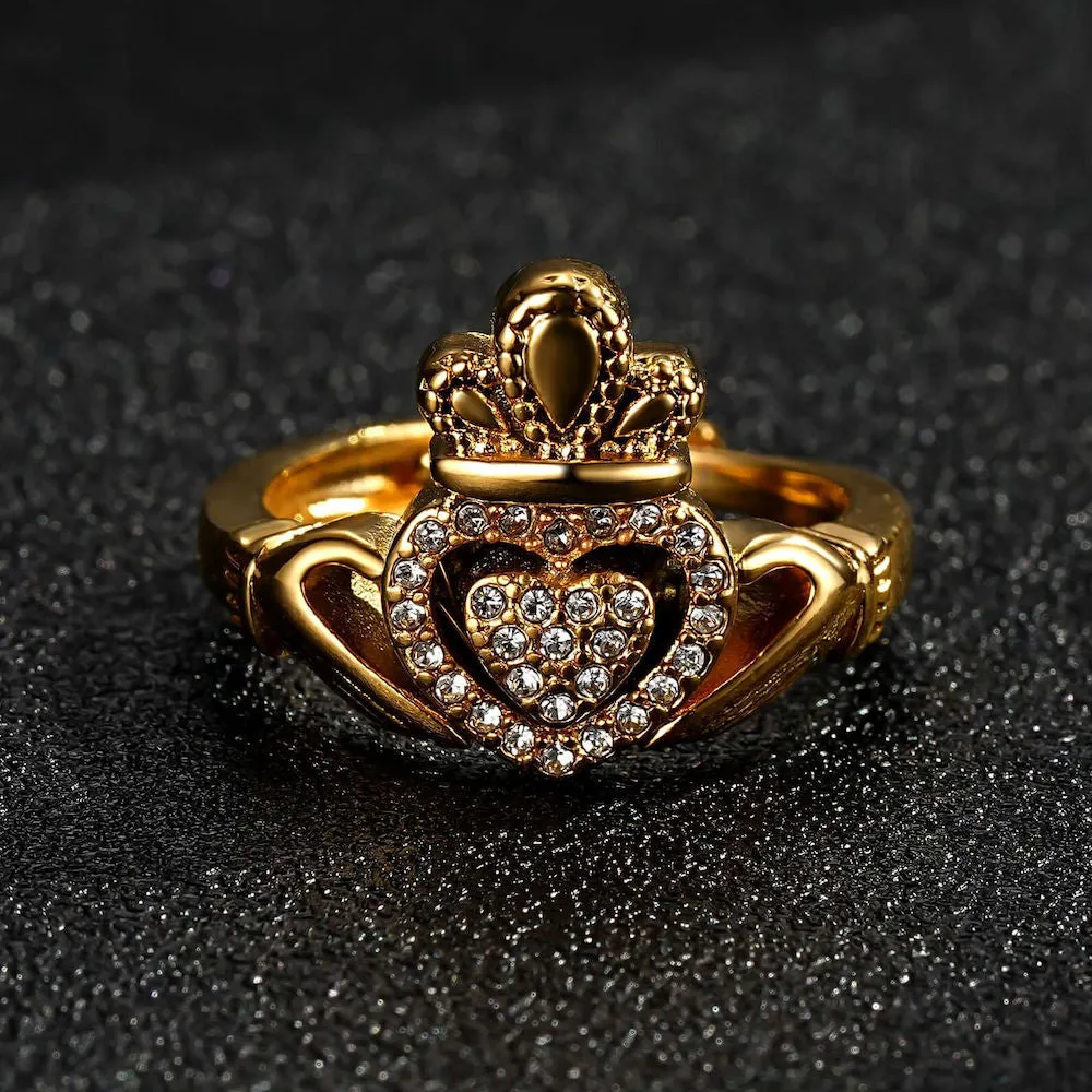 Gold Filled Claddagh Ring With Stones Size P Adjustable
