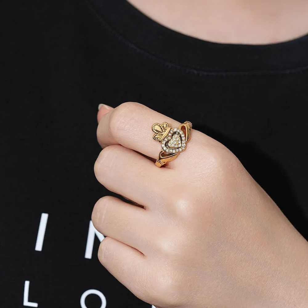 Gold Filled Claddagh Ring With Stones Size P Adjustable