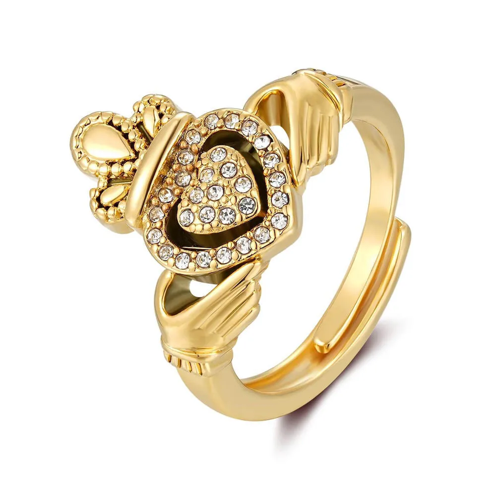 Gold Filled Claddagh Ring With Stones Size P Adjustable