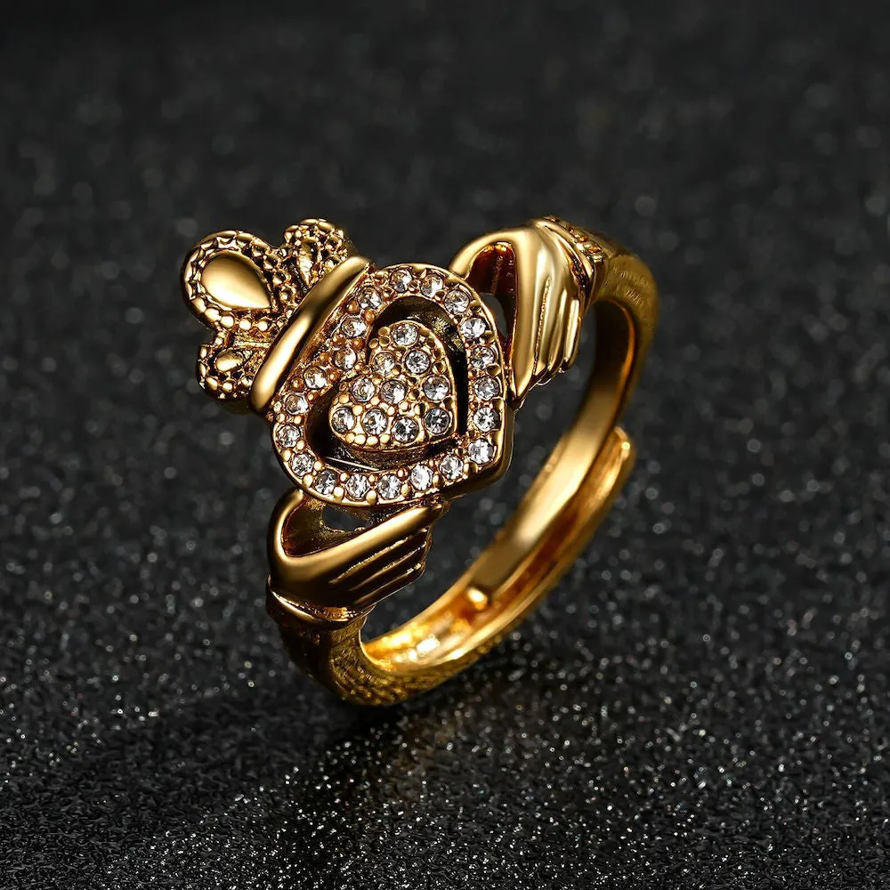 Gold Filled Claddagh Ring With Stones Size P Adjustable