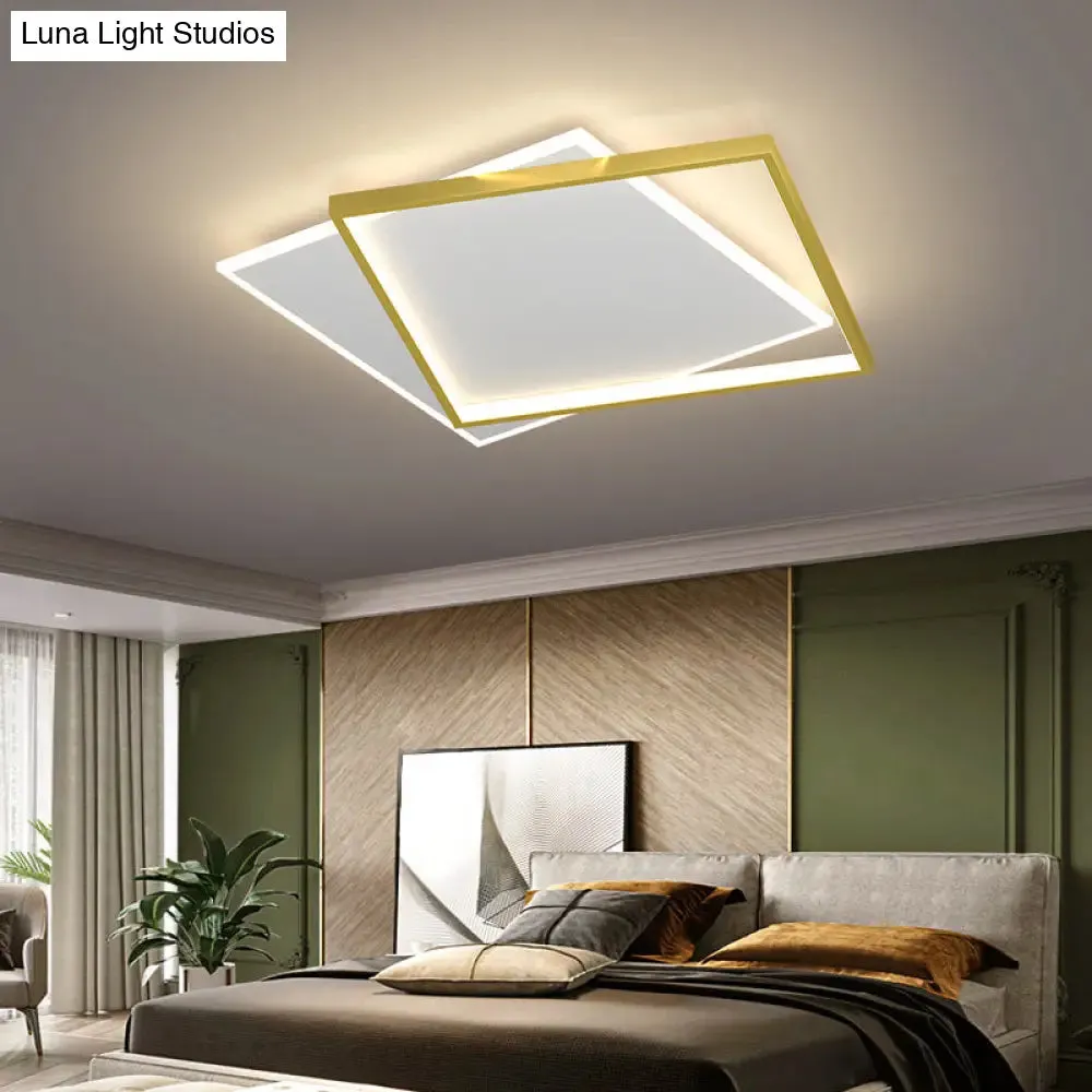 Gold Square LED Flush Mount Light Fixture - Minimalist Bedroom Ceiling Lamp