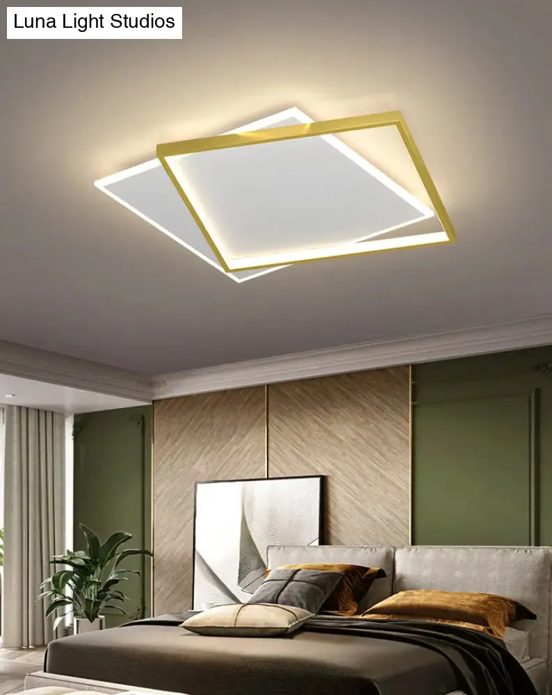 Gold Square LED Flush Mount Light Fixture - Minimalist Bedroom Ceiling Lamp