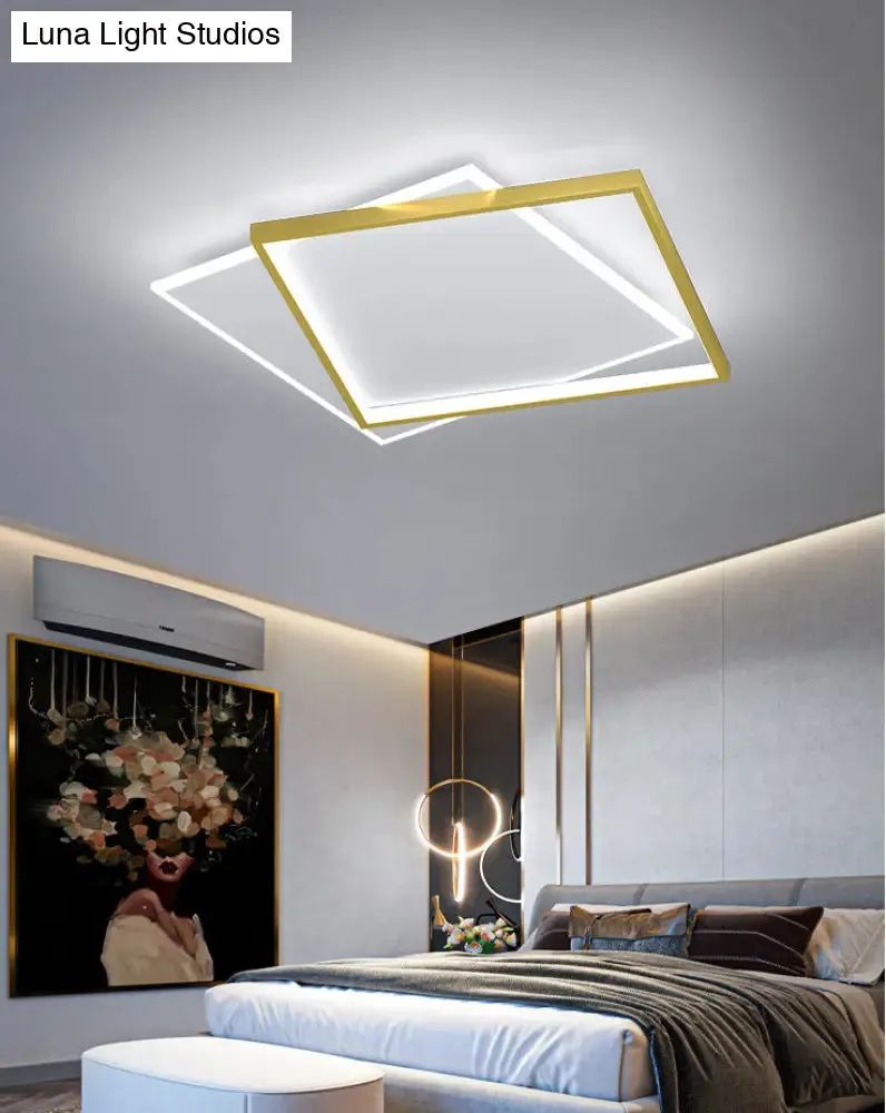 Gold Square LED Flush Mount Light Fixture - Minimalist Bedroom Ceiling Lamp
