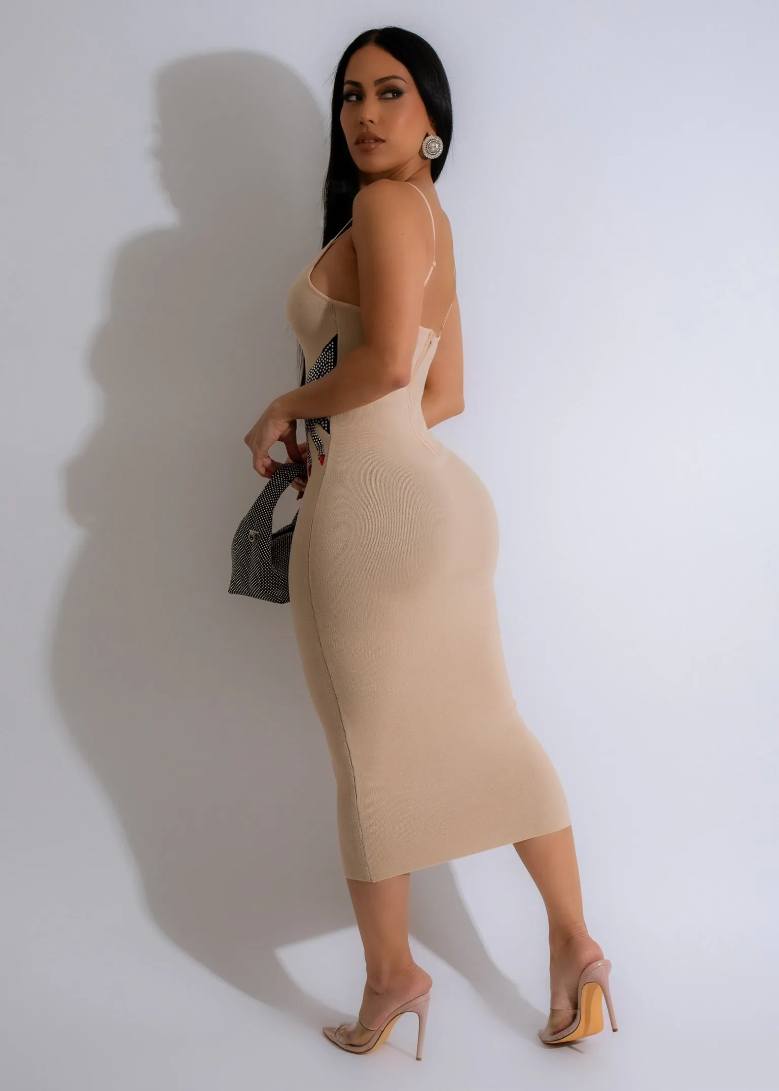 Hold Me Knit Rhinestones Midi Dress Nude