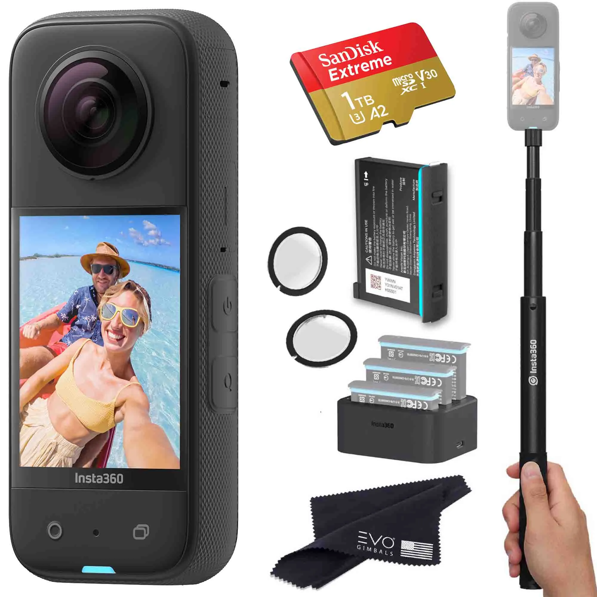 Insta360 X3 - Waterproof 360 Action Camera Bundle Includes Extra Battery, Charger, Invisible Selfie Stick, Lens Guard & Memory Card