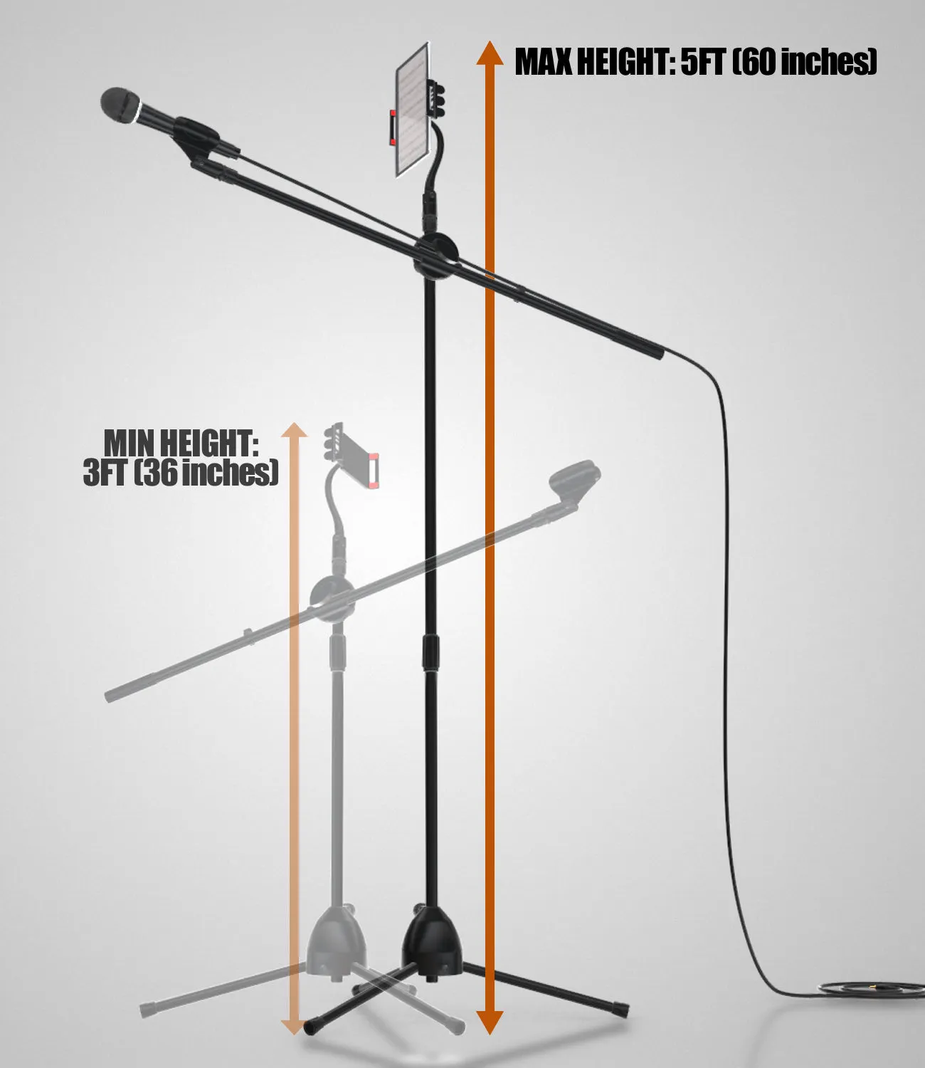 MTS-01 Microphone Stand Boom - Tablet/phone Holder for Karaoke, Studio, Parties, Rehearsals – 5ft Tablet and Phone Holder for Microphone Stand