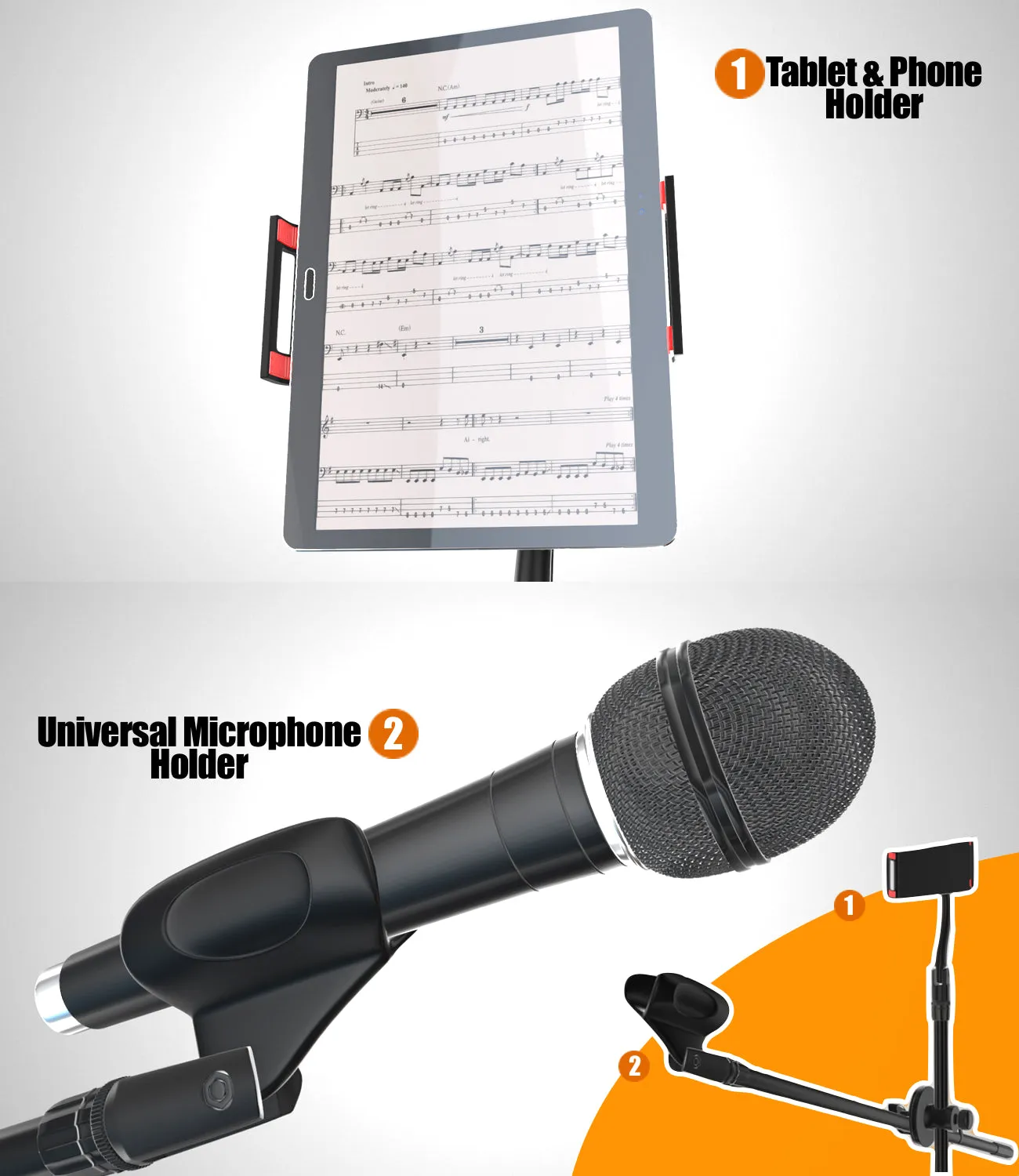 MTS-01 Microphone Stand Boom - Tablet/phone Holder for Karaoke, Studio, Parties, Rehearsals – 5ft Tablet and Phone Holder for Microphone Stand