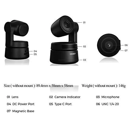 OBSBOT Tiny AI-Powered PTZ Webcam Ai Camera 2-Axis Gimbal Full HD 1080p AI Tracking Zoom Power Gesture Selfie Video Camera for Online Class Meeting Live and Streaming - Black