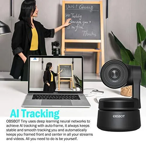 OBSBOT Tiny AI-Powered PTZ Webcam Ai Camera 2-Axis Gimbal Full HD 1080p AI Tracking Zoom Power Gesture Selfie Video Camera for Online Class Meeting Live and Streaming - Black