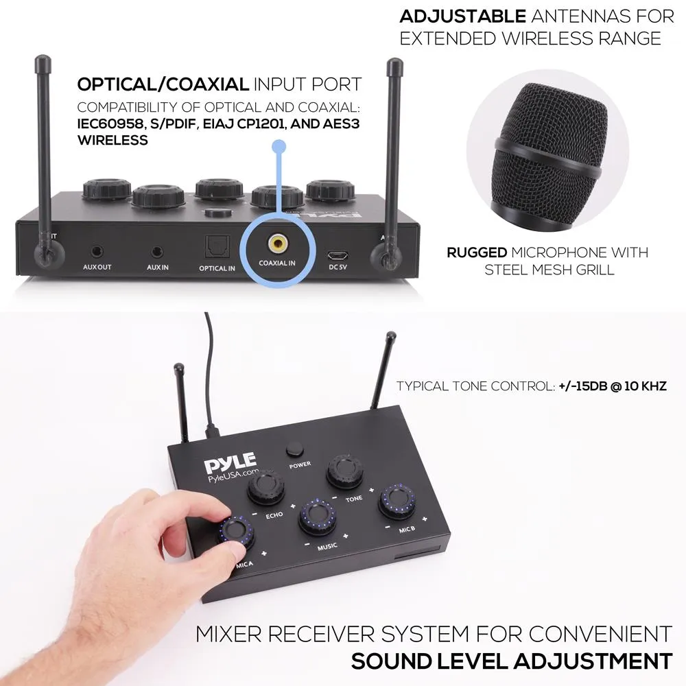 Optical/Coaxial Input Karaoke Mixer With 2 Uhf Wireless Microphone - 8 Channels Home Theater Karaoke Mic System, Bt, Connects To Tv, Receiver, Amplifier, Speaker & More, Includes Wireless Mics