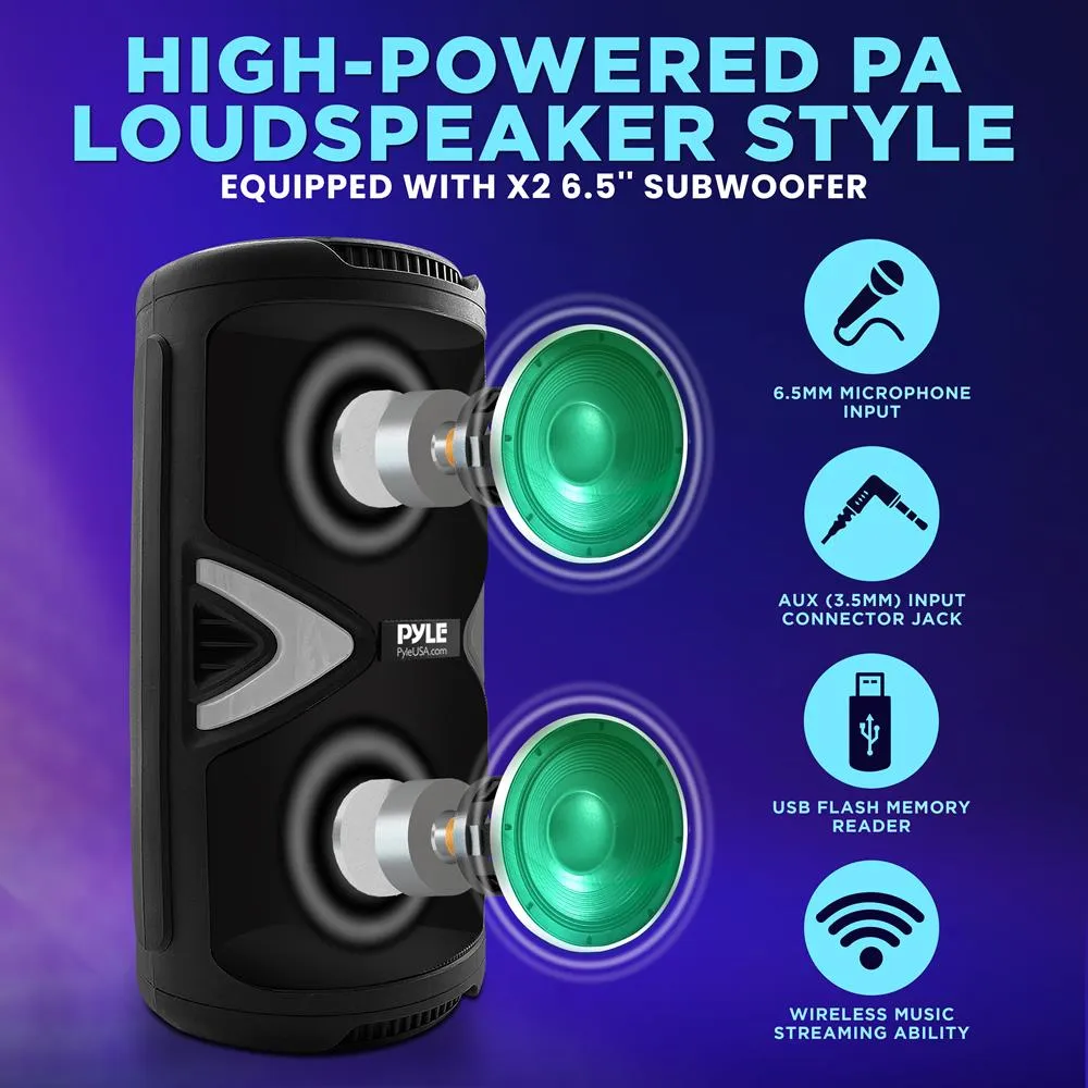 Pa Speaker & Microphone System - Portable Karaoke Speaker With Wireless Mic, Built-In Led Party Lights, Fm Radio, Mp3/Usb/Micro Sd Readers, (Dual 6.5’’ Subwoofer, 240 Watt Max)