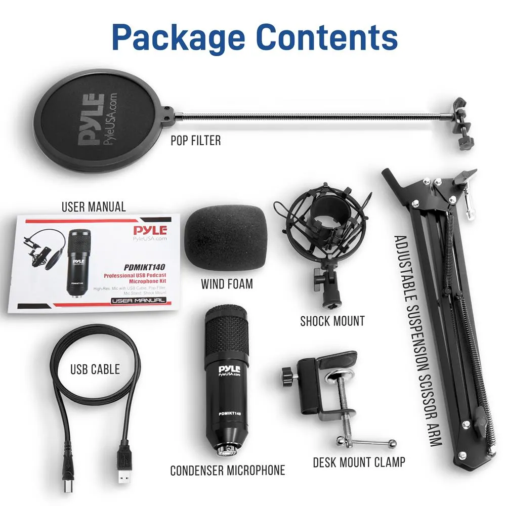 Professional Usb Podcast Microphone Kit - High-Res. Mic With Usb Cable, Pop Filter, Mic Stand, Shock Mount