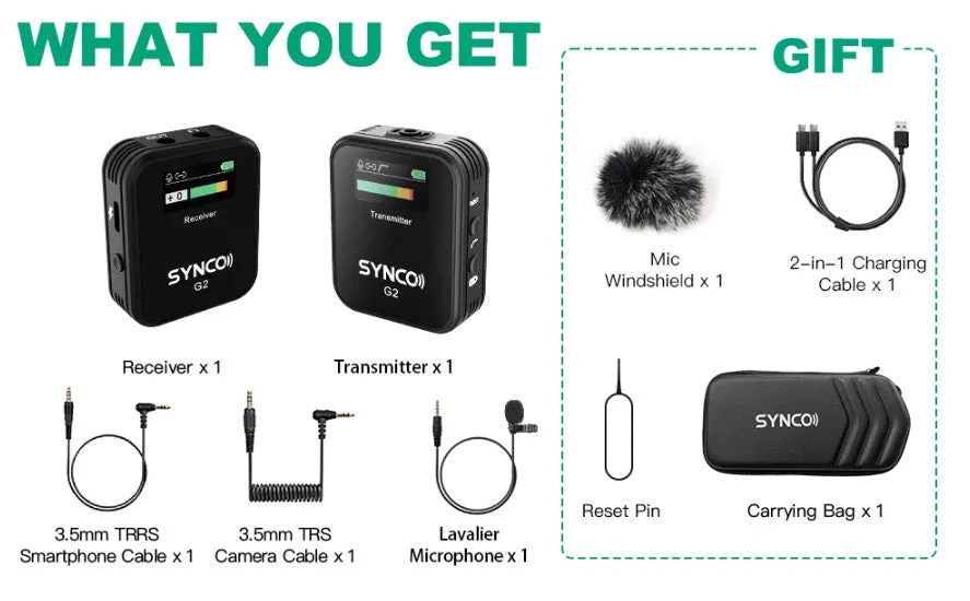 SYNCO G2 Lavalier 2.4Ghz microphone system 230' encrypted transmitter/receiver. (Special Order Item, allow 1 week for delivery)