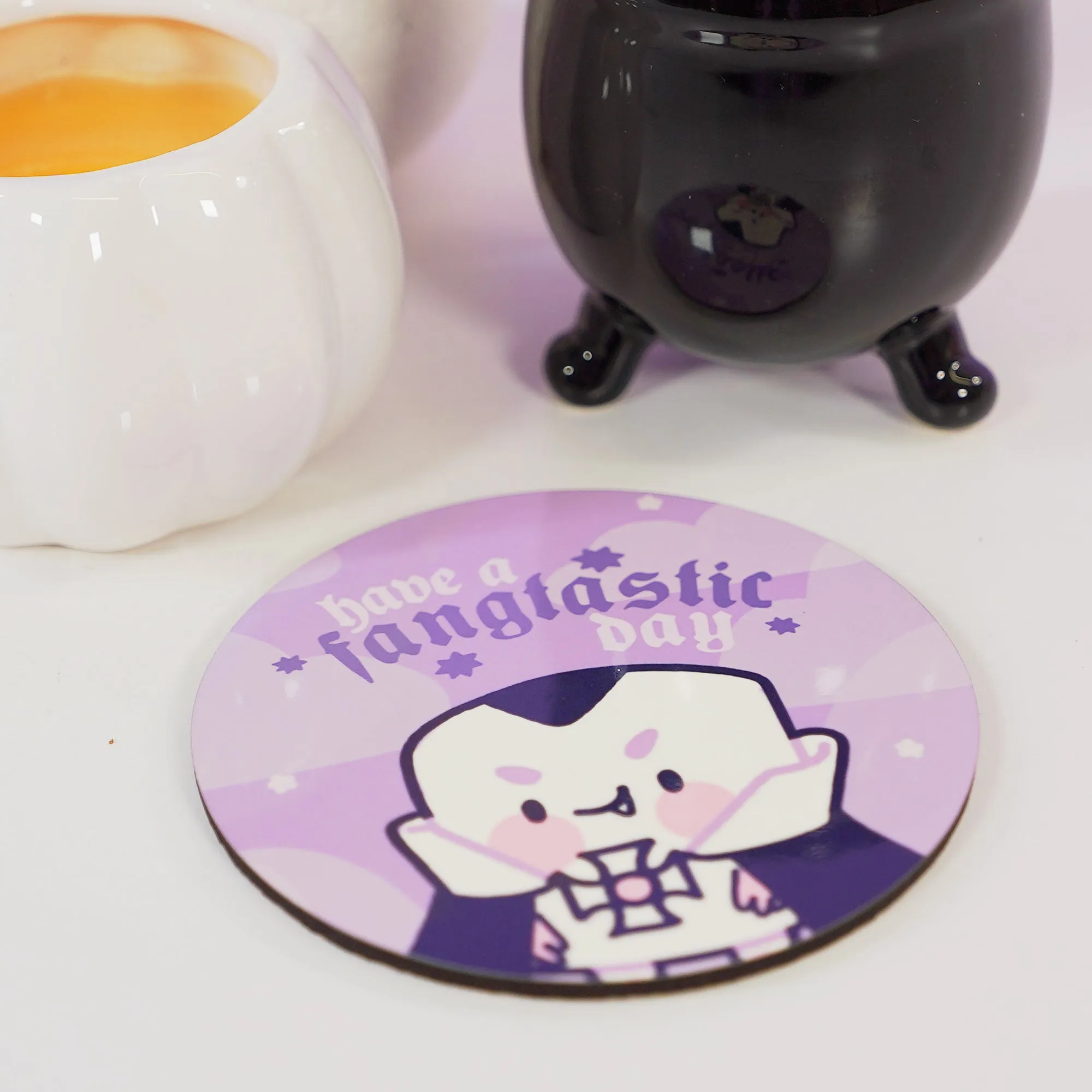 Vampire Marshie Coaster | Have a Fangtastic Day Quote | Spooky Cute Gothic Halloween Desk Decor