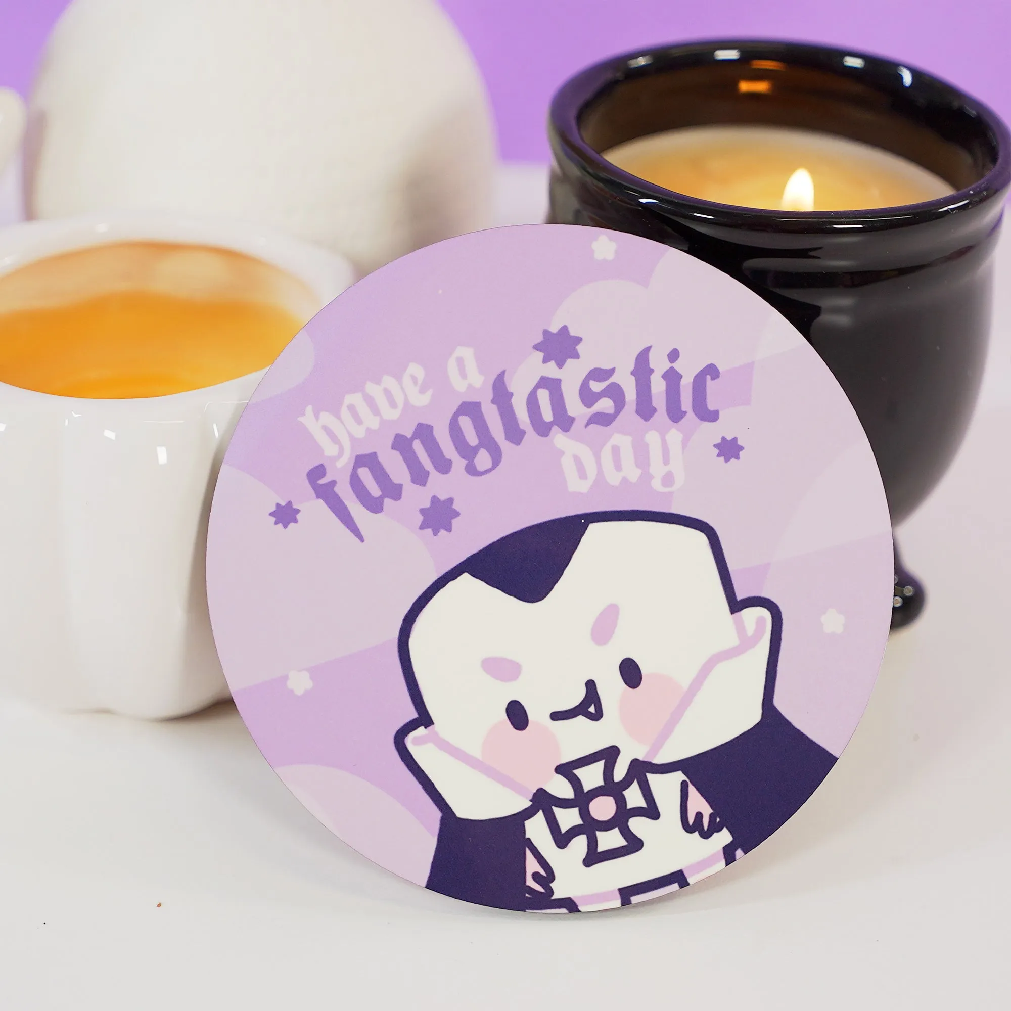Vampire Marshie Coaster | Have a Fangtastic Day Quote | Spooky Cute Gothic Halloween Desk Decor