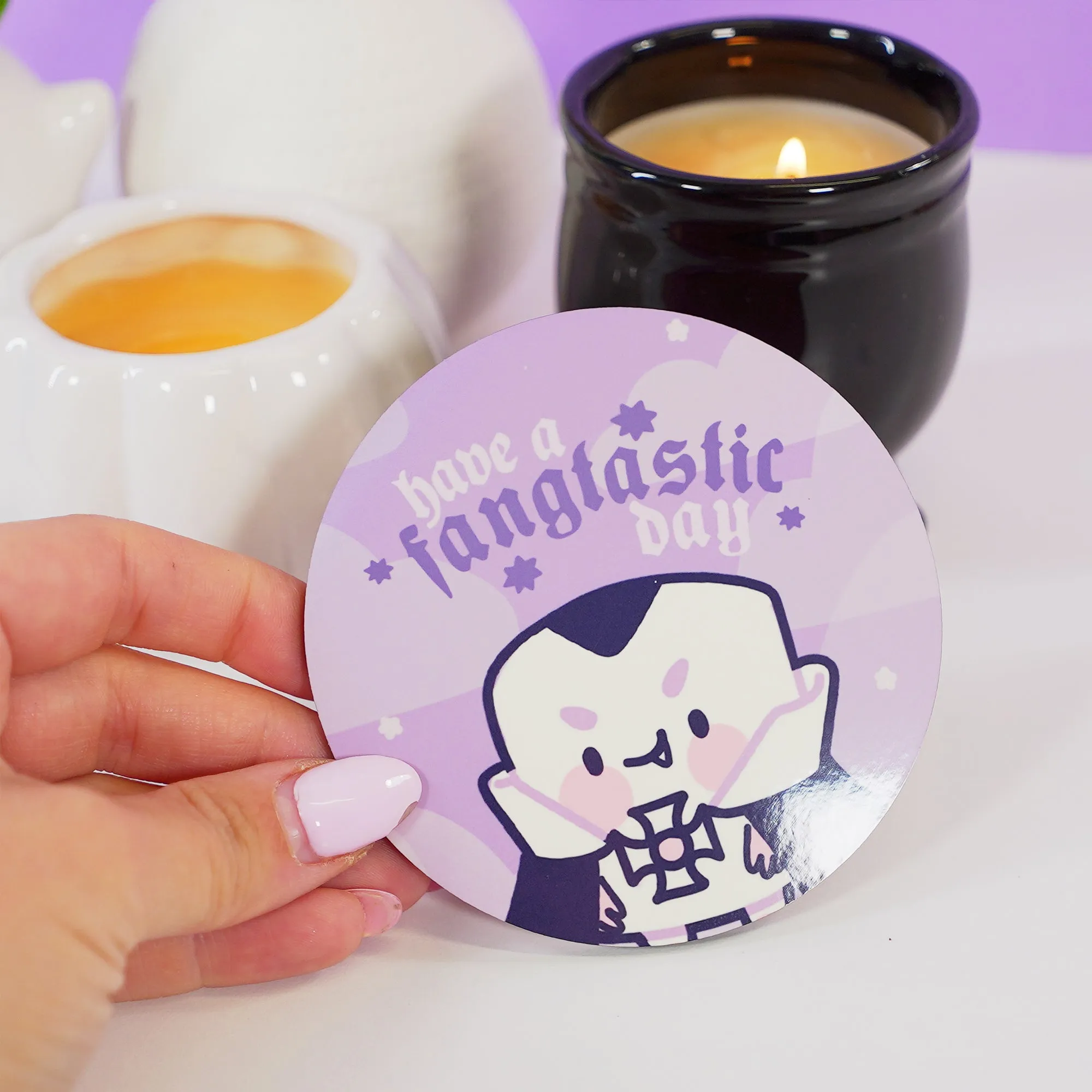 Vampire Marshie Coaster | Have a Fangtastic Day Quote | Spooky Cute Gothic Halloween Desk Decor