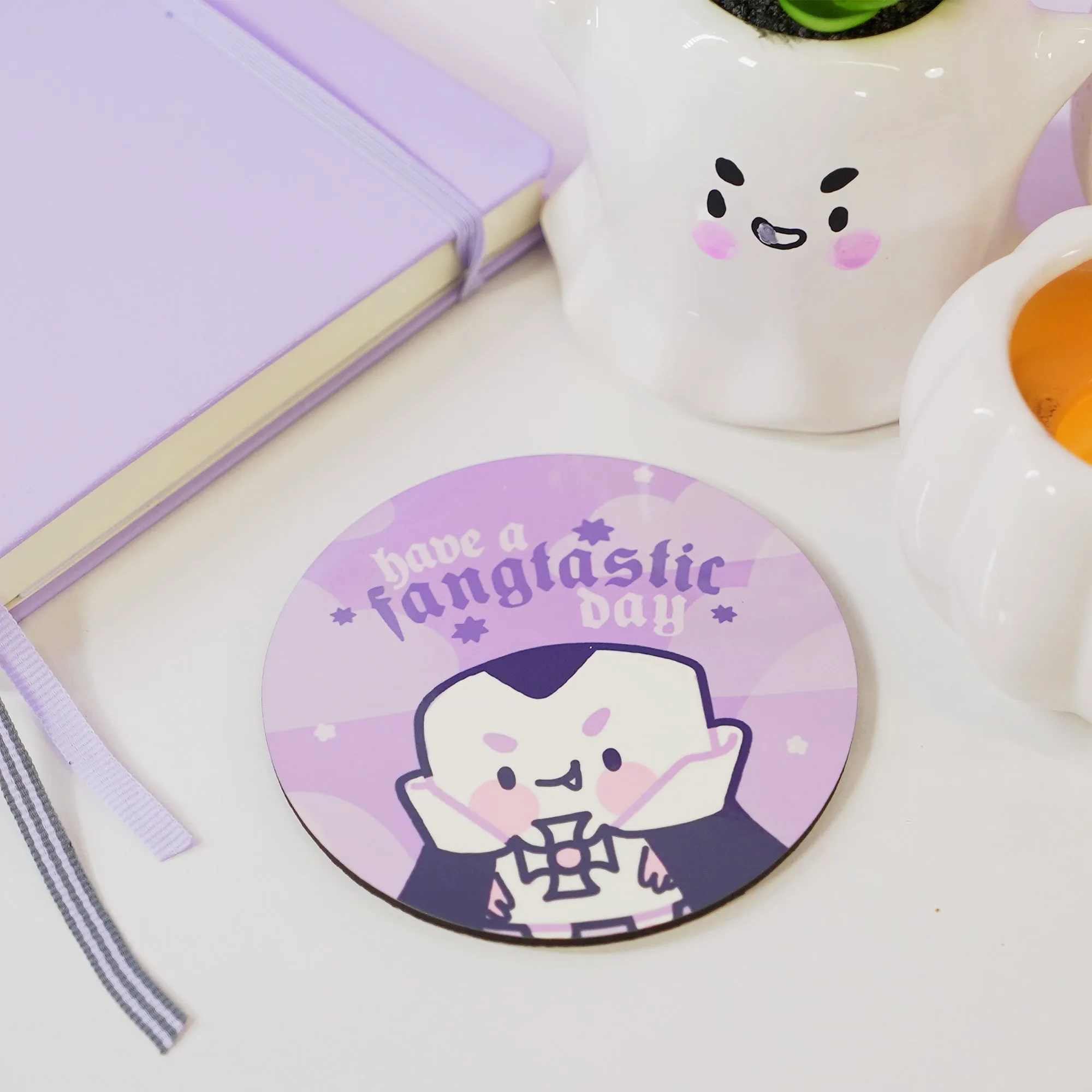 Vampire Marshie Coaster | Have a Fangtastic Day Quote | Spooky Cute Gothic Halloween Desk Decor