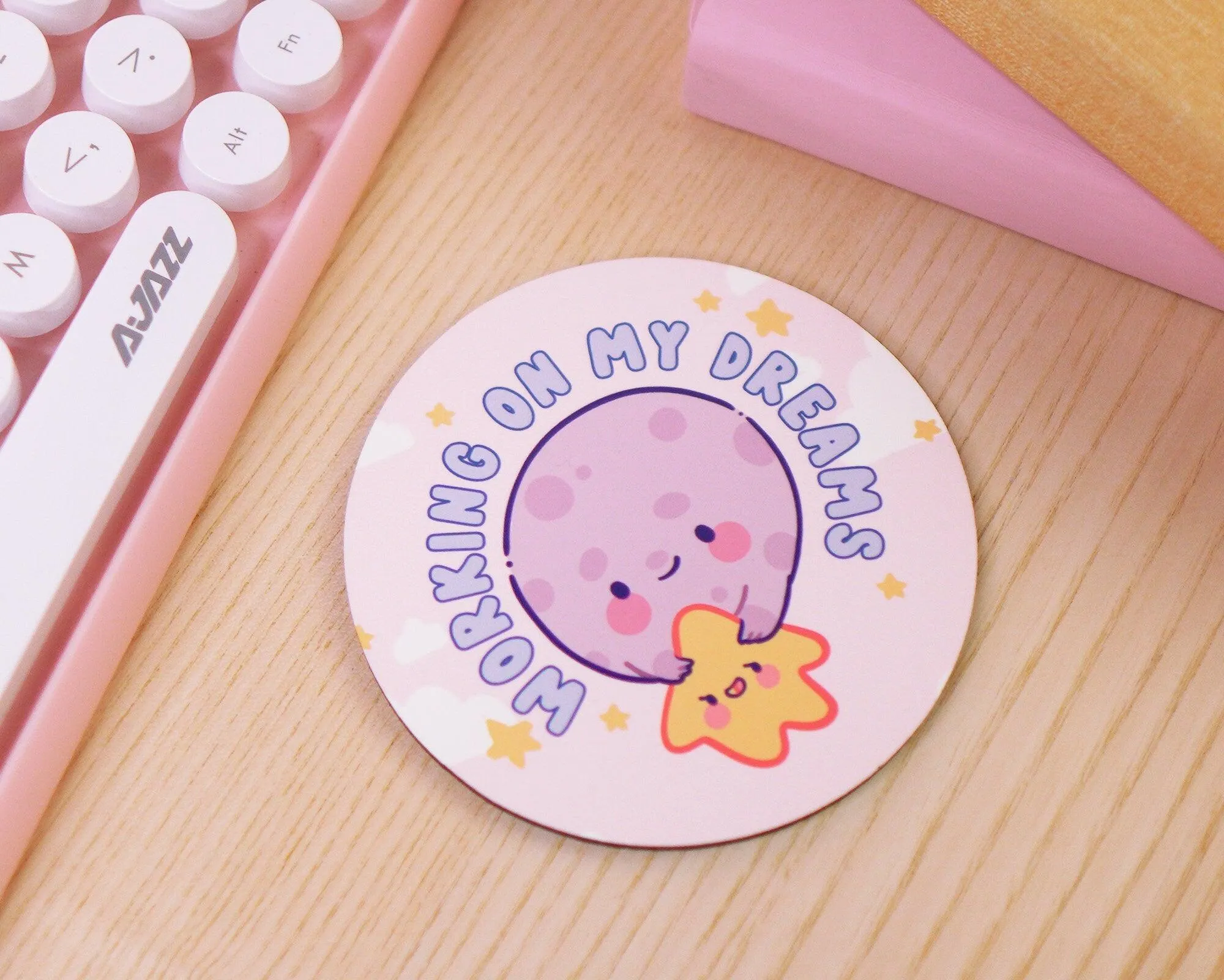 Working On My Dreams Celestial Coaster | Luna & Sprinkle | Kawaii Motivational Desk & Home Decor