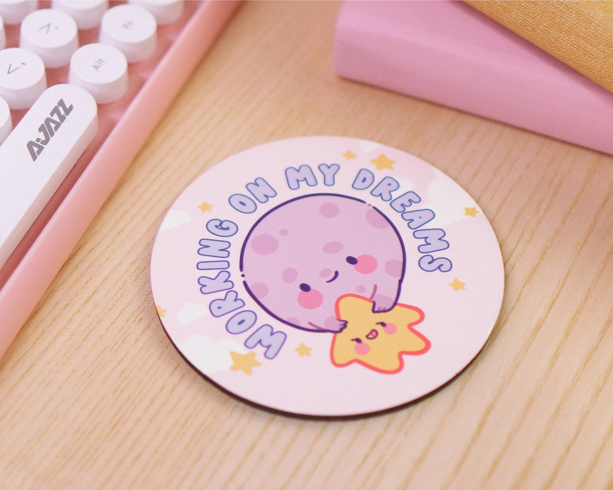 Working On My Dreams Celestial Coaster | Luna & Sprinkle | Kawaii Motivational Desk & Home Decor