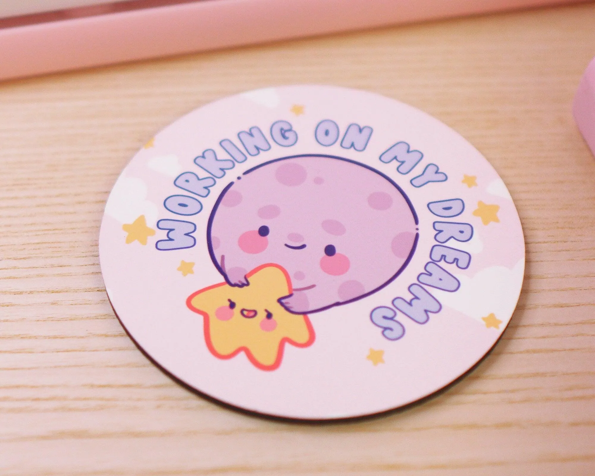 Working On My Dreams Celestial Coaster | Luna & Sprinkle | Kawaii Motivational Desk & Home Decor