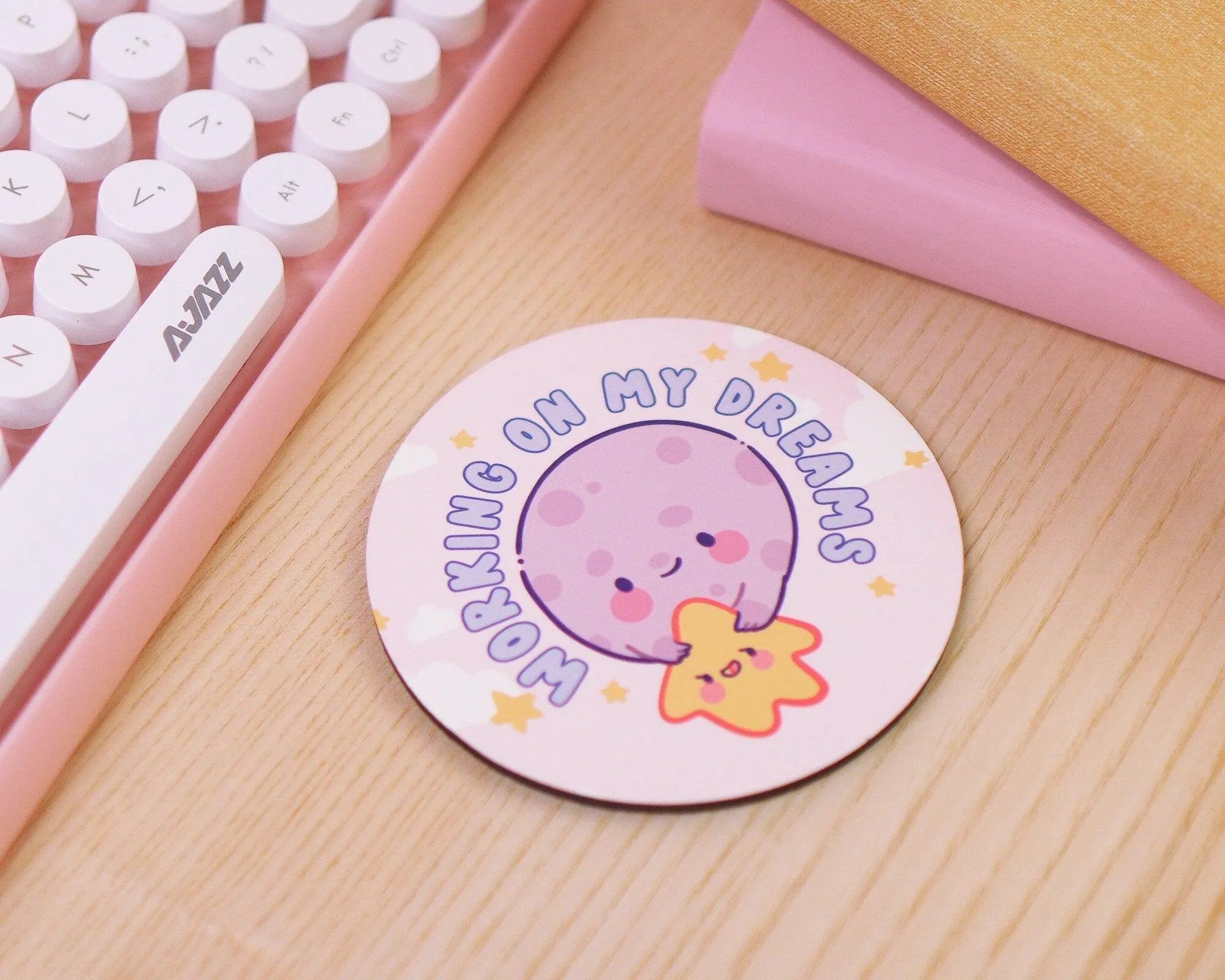 Working On My Dreams Celestial Coaster | Luna & Sprinkle | Kawaii Motivational Desk & Home Decor
